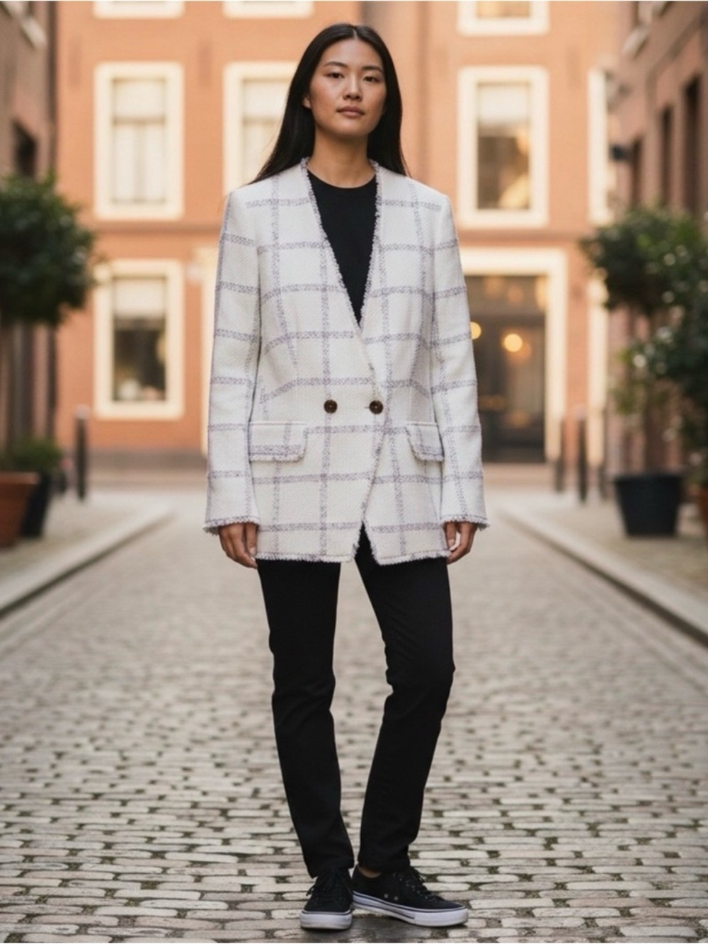 Ann Taylor Cream Gray Windowpane Tweed Fringed Blazer (14) Like New! - Picture 16 of 17